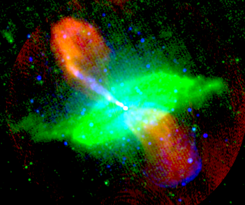 Galaxie Centaurus A na snímku v nepravých barvách: rádiové vlny (červená), infračervené záření 24 μm (zelená) a rentgenové záření 0.5–5 keV (modrá).