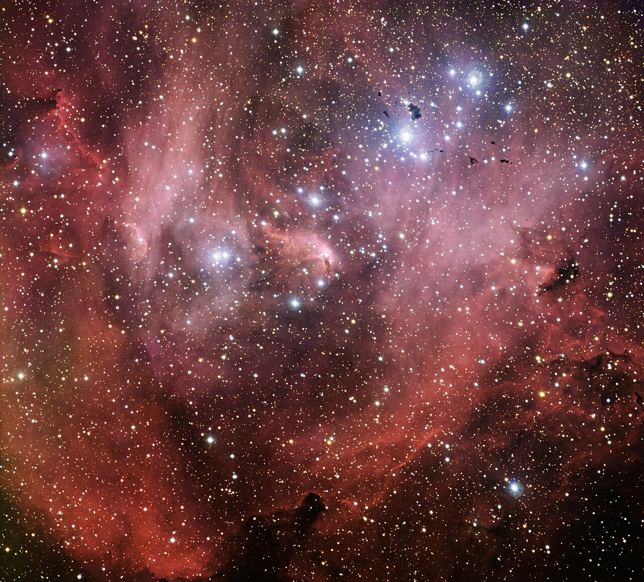 Emisní mlhovina IC 2944 na snímku z dalekohledu o průměru 2,2 m na observatoři La Silla. Autor: ESO.