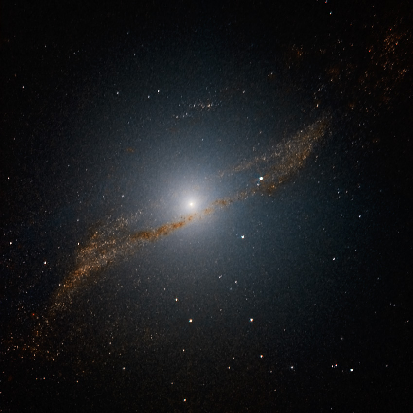 Infračervený snímek středové části galaxie Centaurus A s rovnoběžníkem, který vznikl pohlcením menší galaxie před 200 až 700 miliony let (3,58 m NTT, observatoř La Silla).