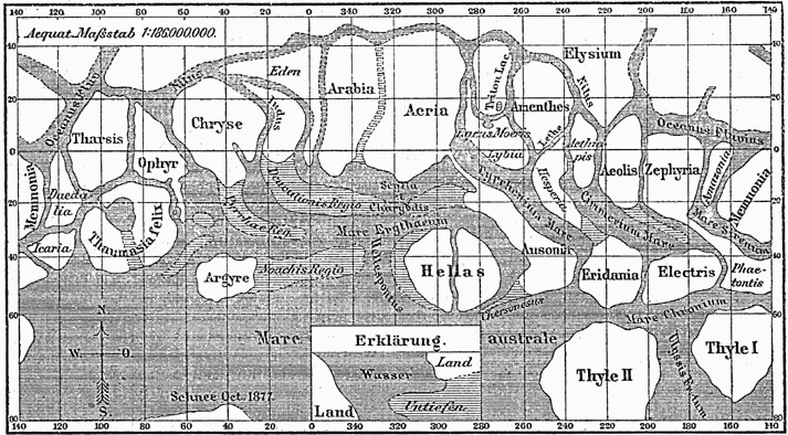 Mapa neexistujících kanálů, jak je zachytil Giovanni Schiaparelli