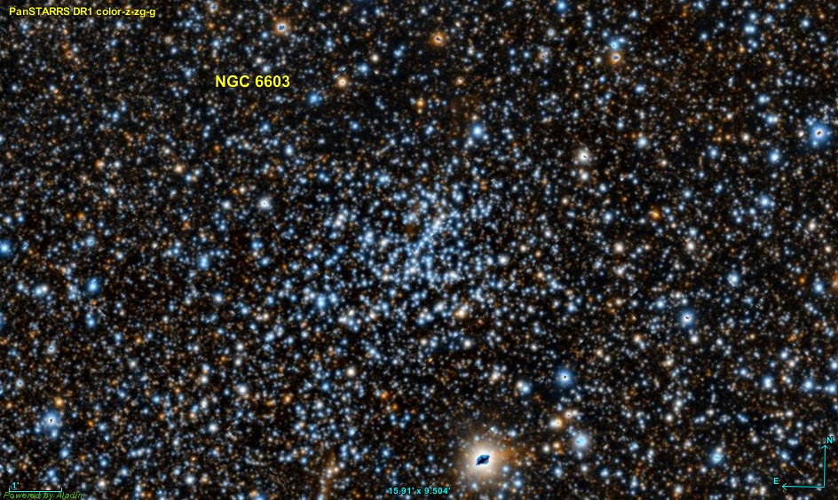 Na tomto snímku hvězdokupy Messier 24 se NGC 6603 nachází vpravo dole (sever je dole)