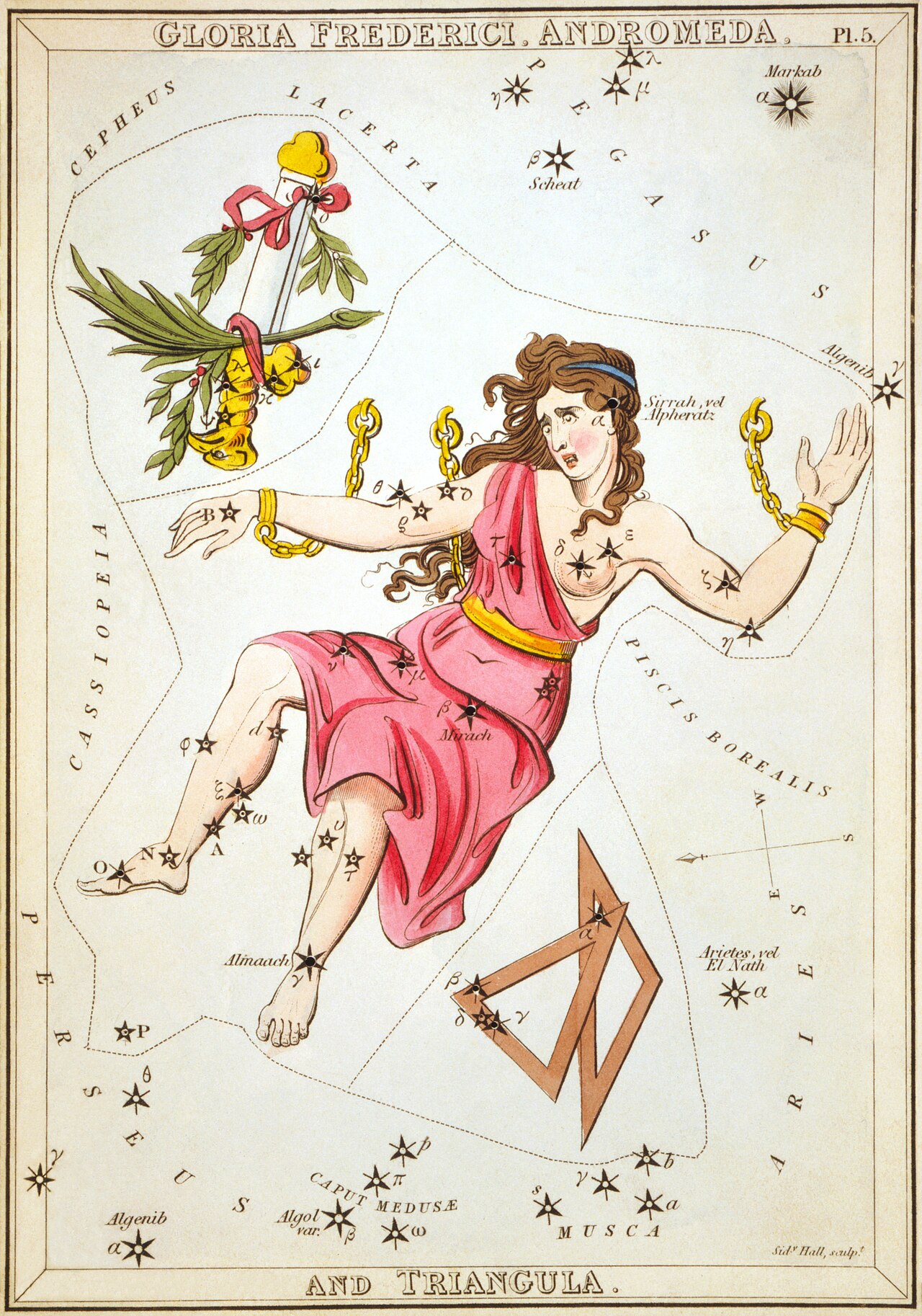 Andromeda v díle Urania's Mirror, souboru map hvězdné oblohy vydaných v Londýně v roce 1825