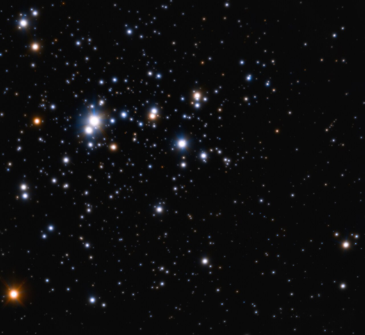 Otevřená hvězdokupa známá pod názvem Trumpler 14 na snímku z přístroje Multi-conjugate Adaptive optics Demonstrator (MAD) na teleskopu VLT. Autor: ESO.
