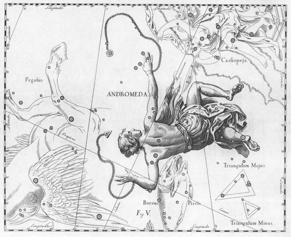 Zobrazení Andromedy v díle Jana Hevelia z roku 1690 v jeho díle Uranographia