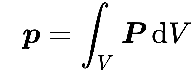 {\displaystyle \ \ \ {\boldsymbol {p}}=\int _{V}{\boldsymbol {P}}\,\mathrm {d} V}